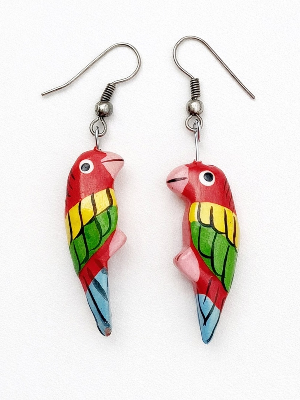Vintage Hand-Painted Parrot Bird Pierced Earrings - Red & Green